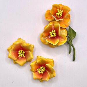 Retro Flower Power Enamel Brooch Pin and Clip Earrings Set